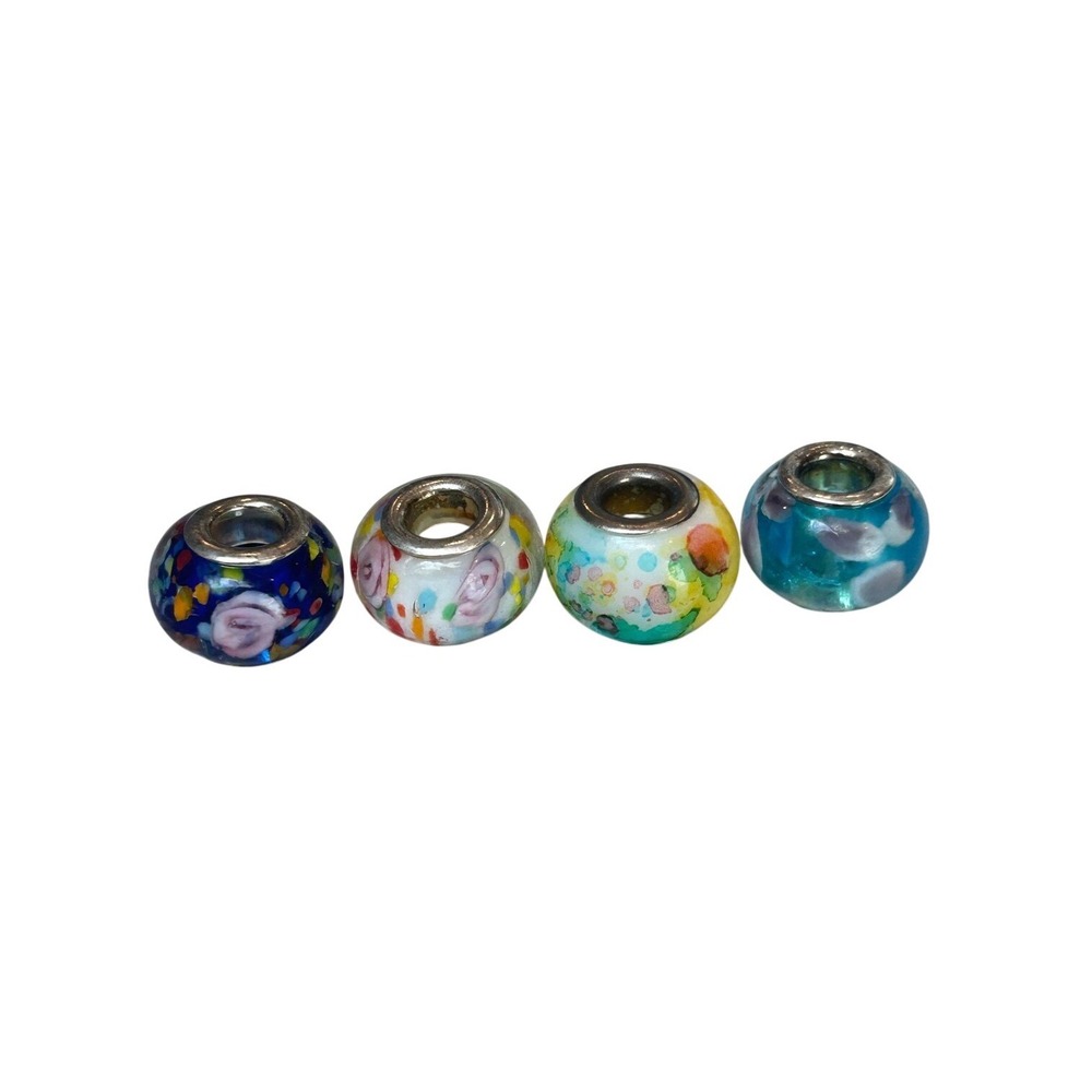 Murano Style Glass Lampwork Charm Beads Set of 4 Floral Multi Color 14mm